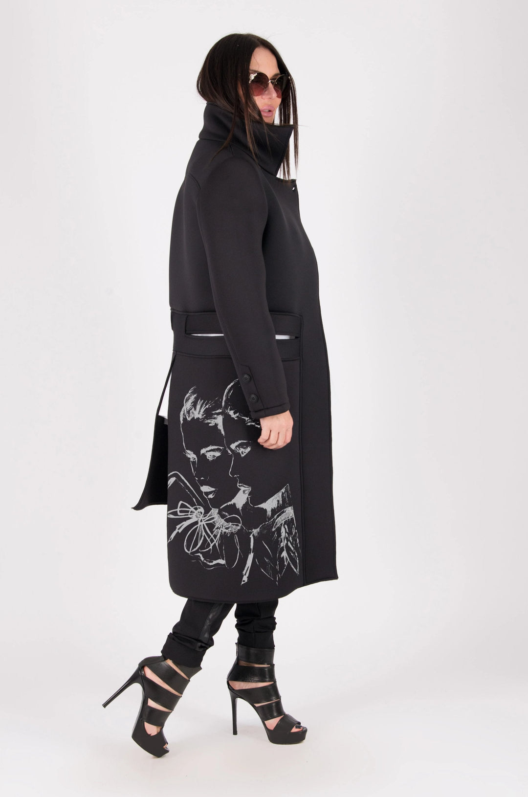 Black Neoprene Long Sleeves Coat, Coats