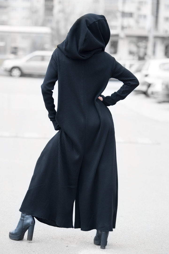 Black Wool Knitting Hooded Jumpsuit