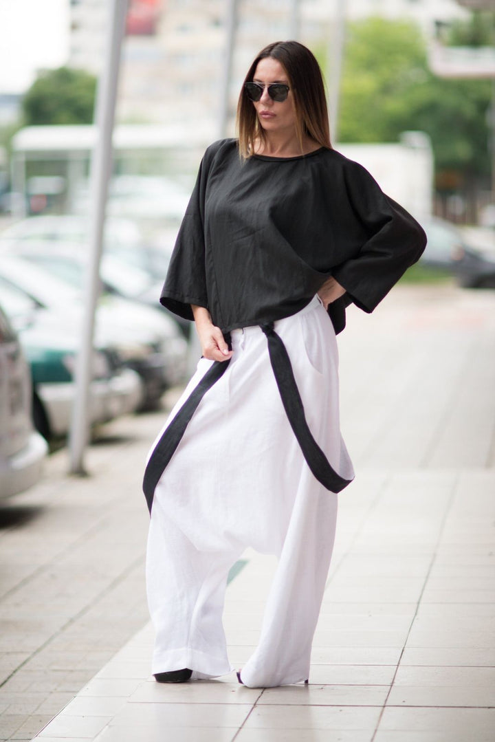 White Loose Linen Harem Pants with suspenders