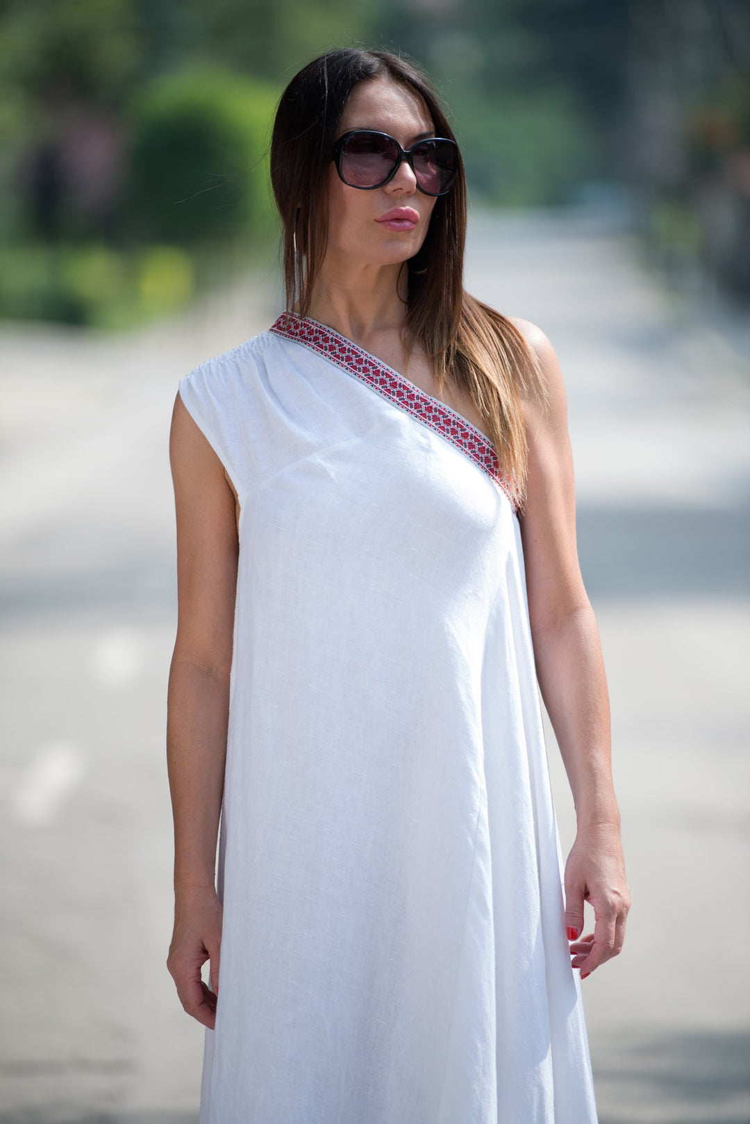 White Boho Linen One shoulder Dress, Dresses Spring & Summer