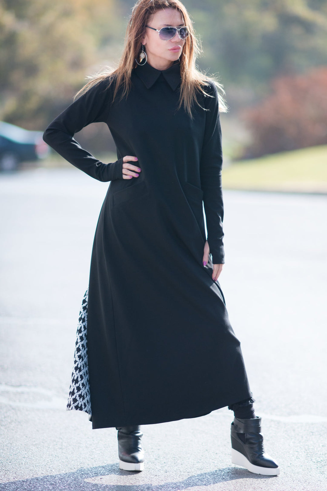 فستان شتوي طويل منقوش طويل الأسود