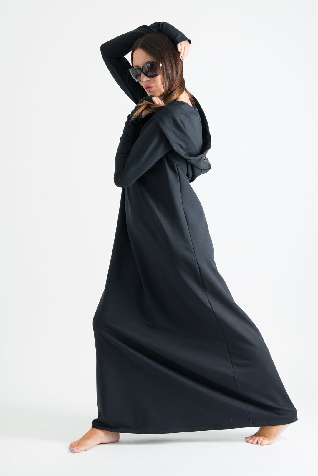 Black Long Hooded Trendy Dress, Dresses & Maxi Dresses