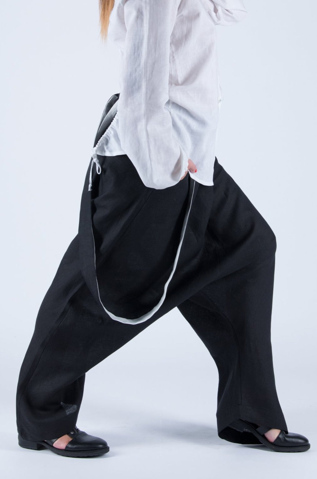 Black Linen Harem Pants with suspenders, Linen Clothing