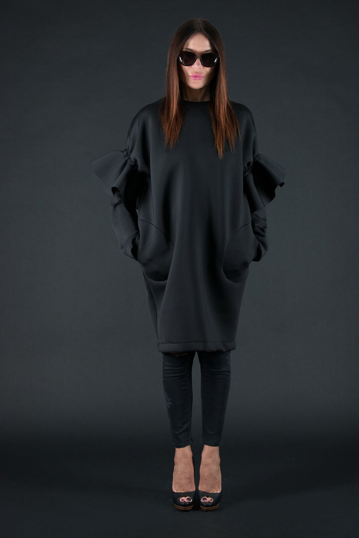 Black Winter Neoprene Dress with long sleeves, Dresses & Maxi Dresses