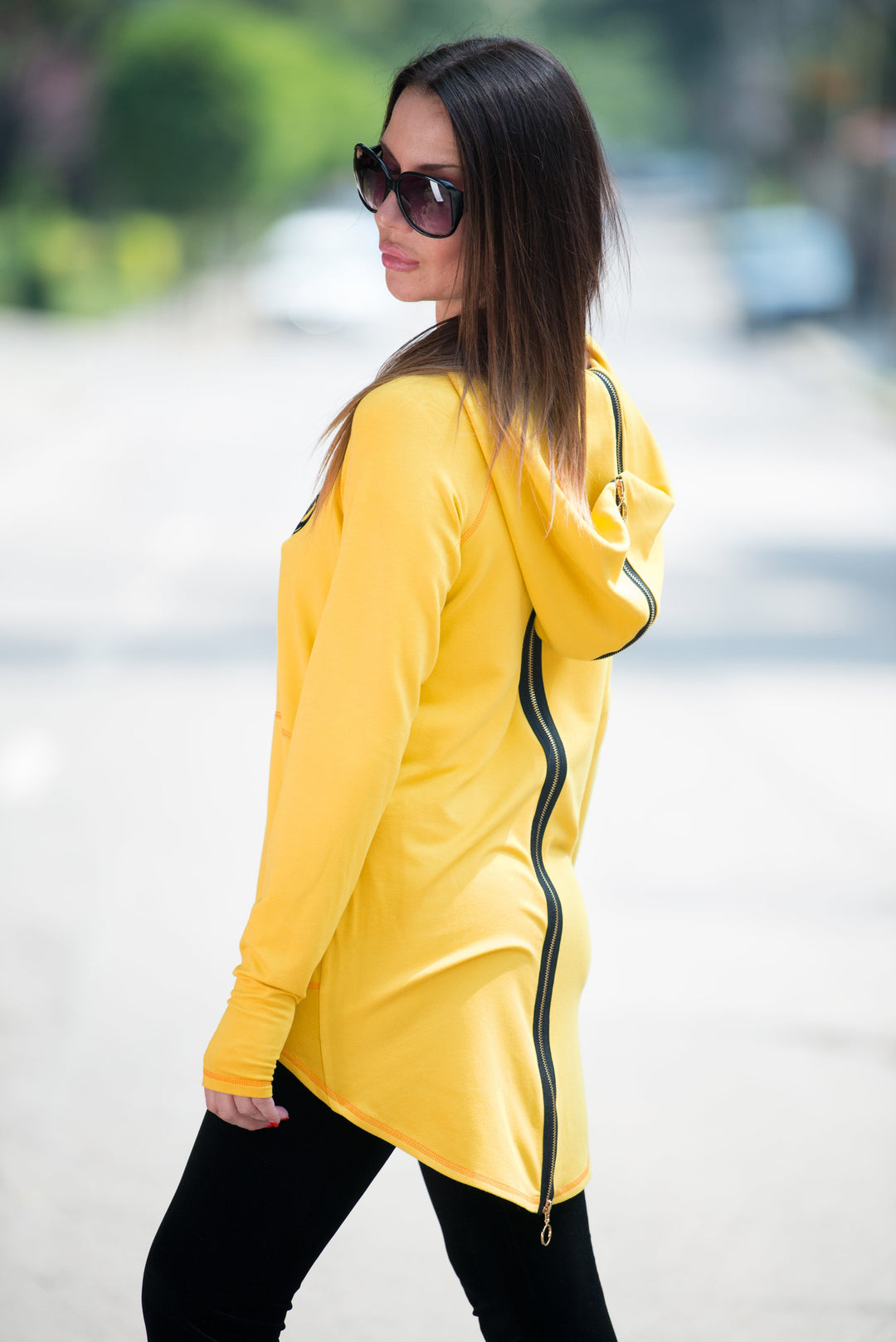 Yellow Zipper Sport Printed Sweatshirt Top