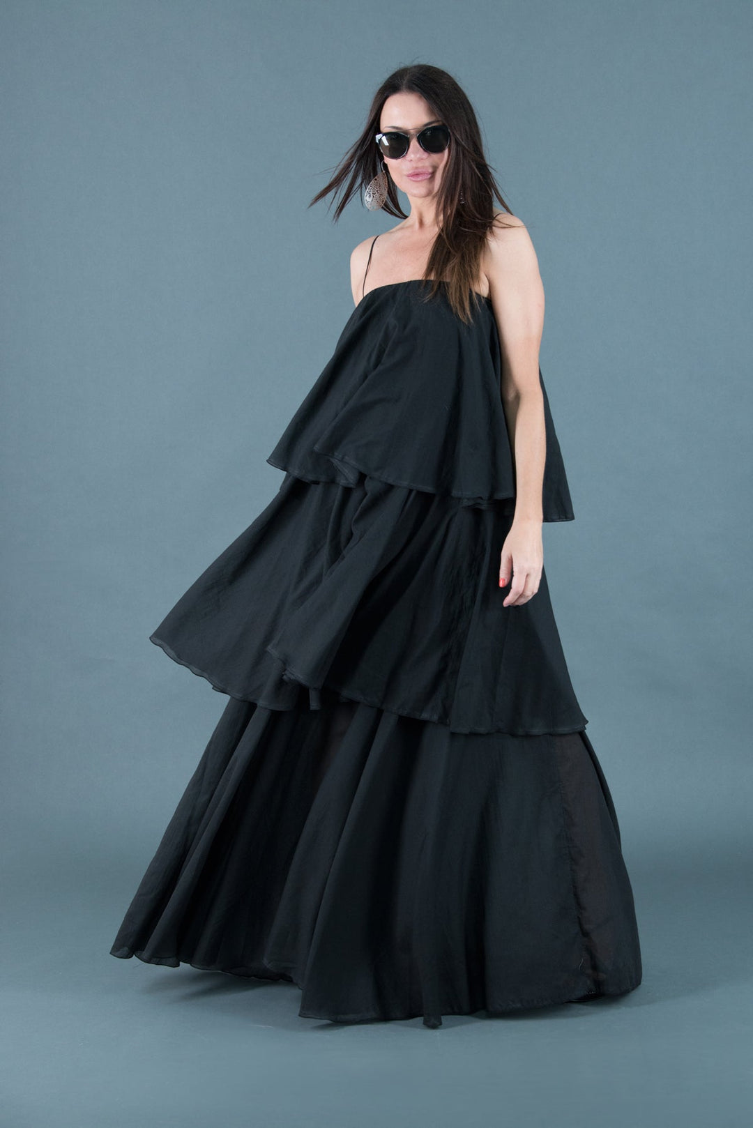 Black Cotton Flounces Maxi Dress, Dresses Spring & Summer