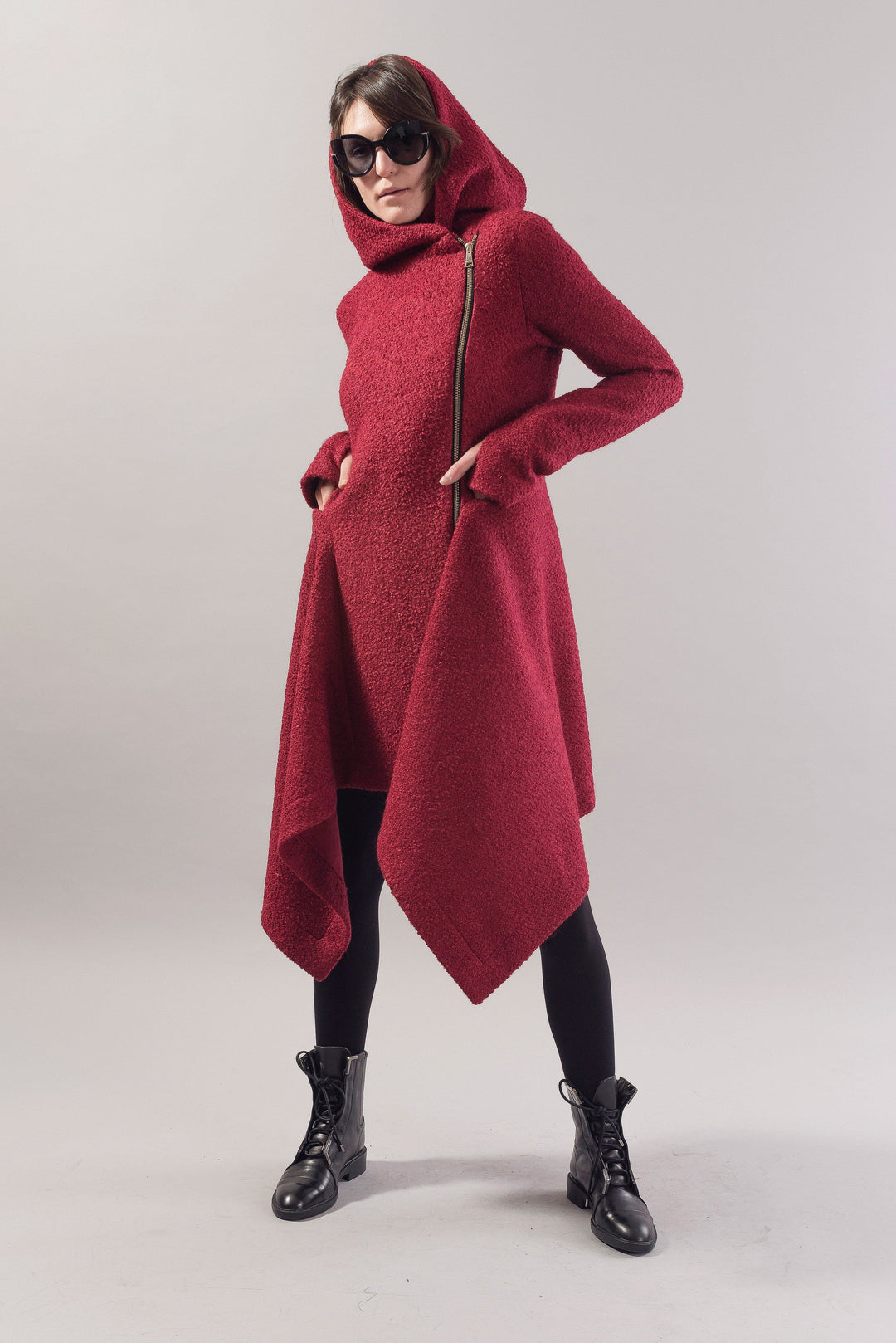 Burgundy cashmere wool cape coat F1745