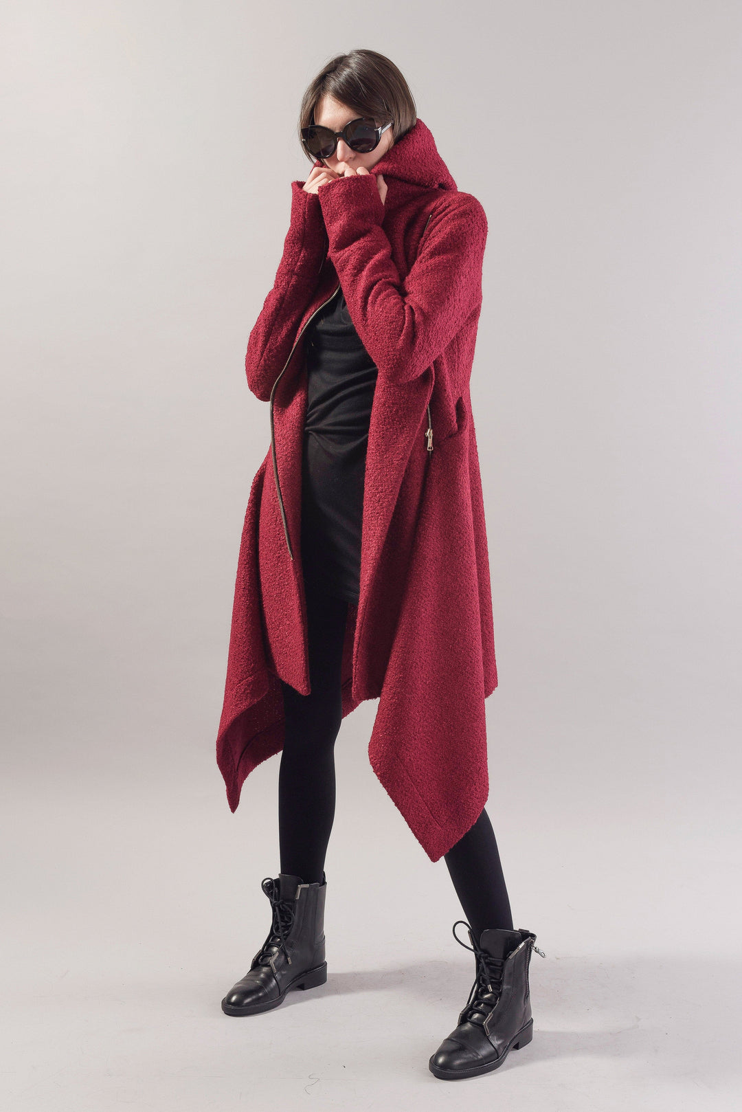 Burgundy cashmere wool cape coat F1745