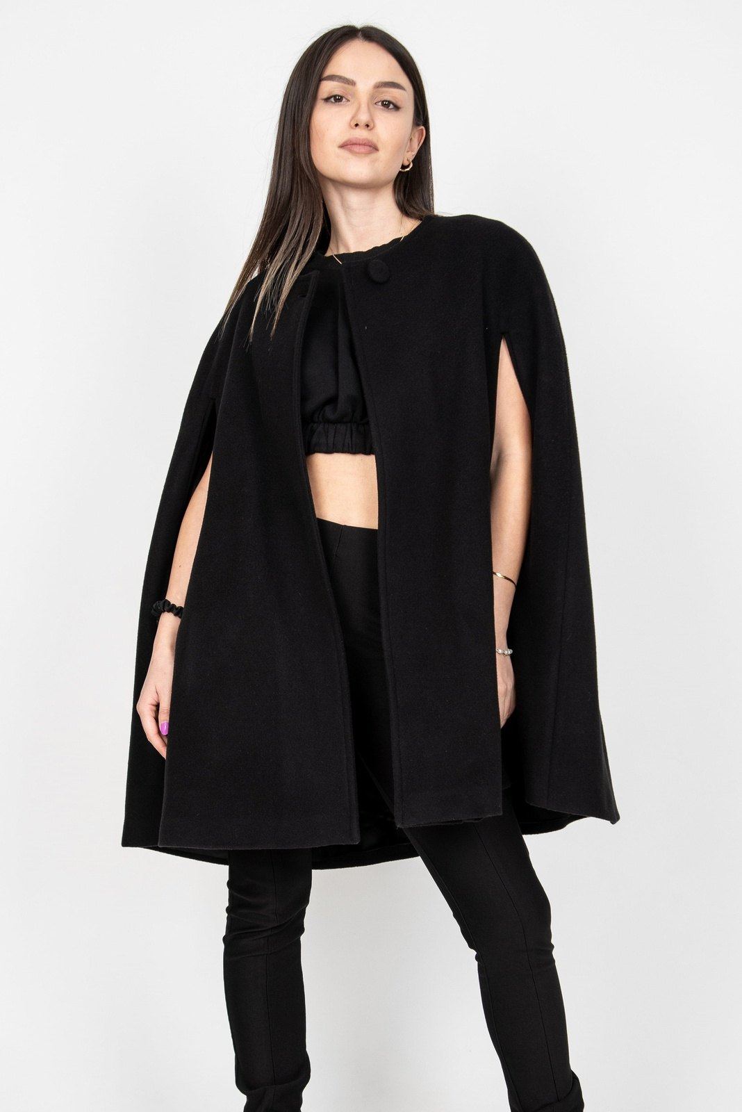 Black wool cashmere cape coat AE361