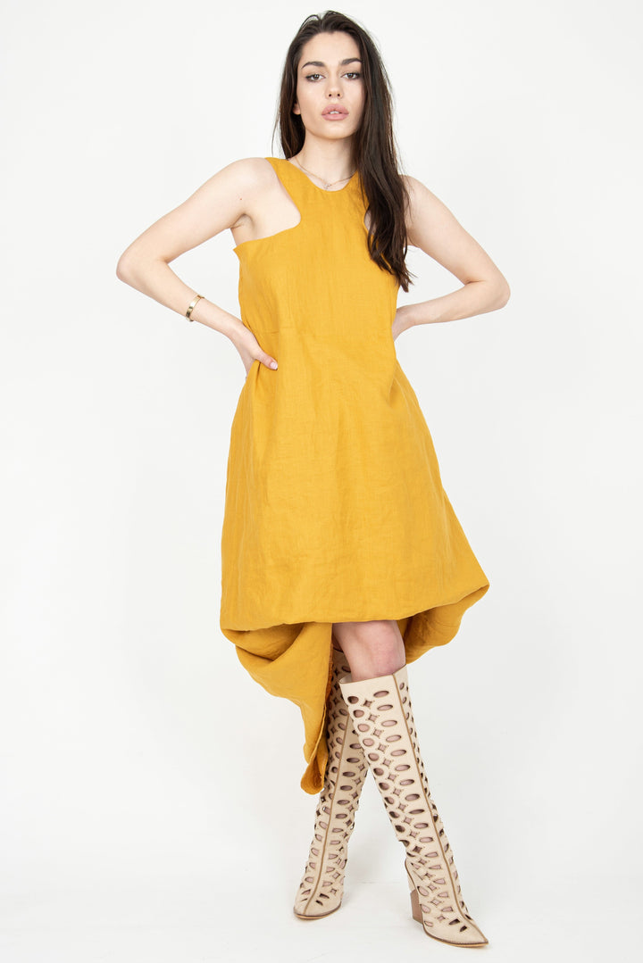 فستان الكتان القابل للتحويل الأصفر F2306