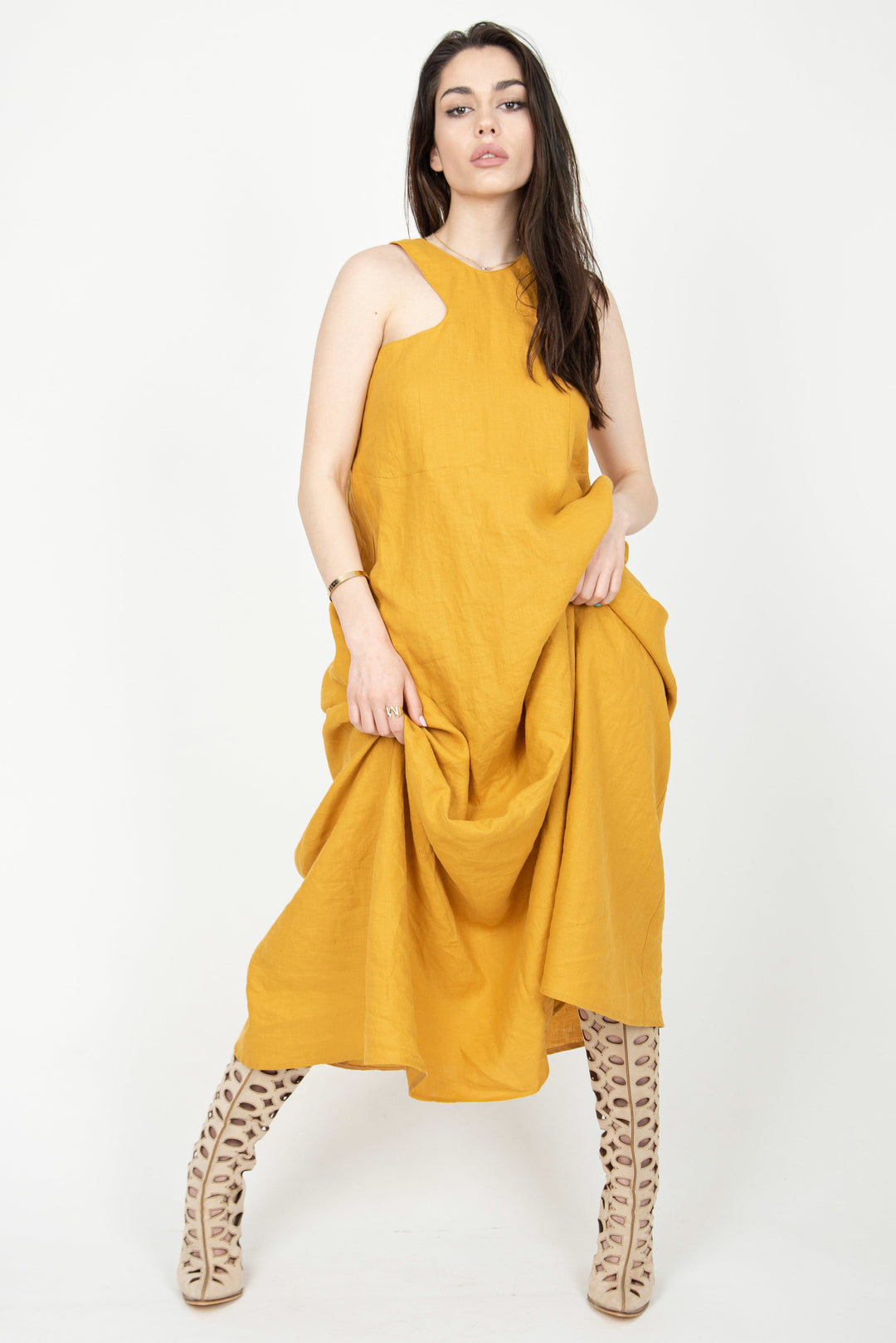 فستان الكتان القابل للتحويل الأصفر F2306