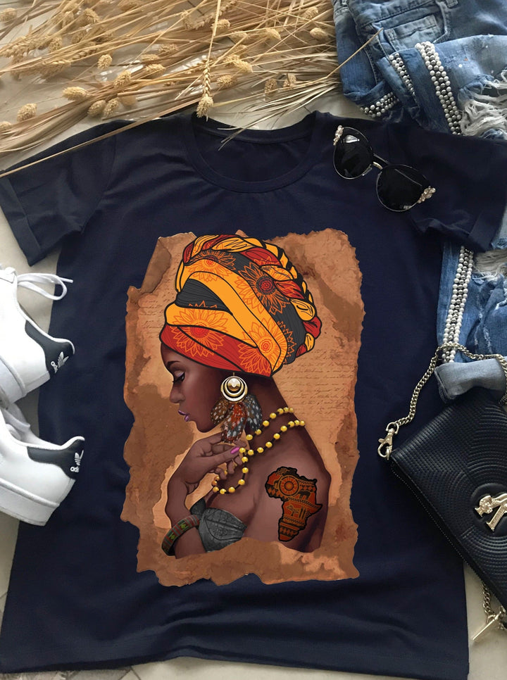African Woman Map Cotton Print T-shirt, T-shirts