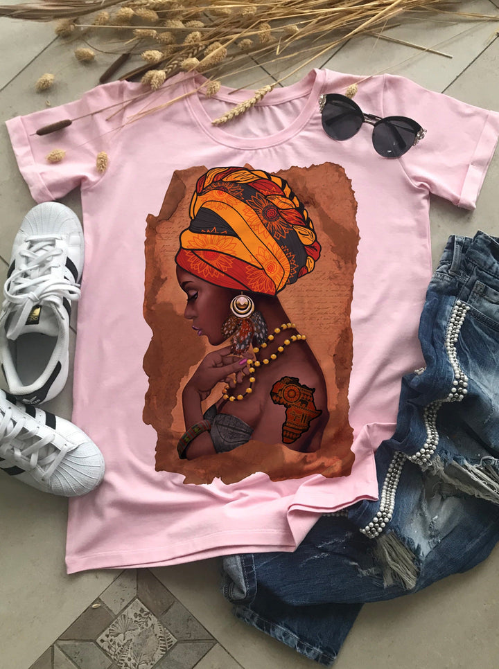 African Woman Map Cotton Print T-shirt, T-shirts