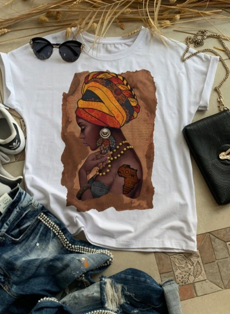 African Woman Map printed Cotton Print T-shirt