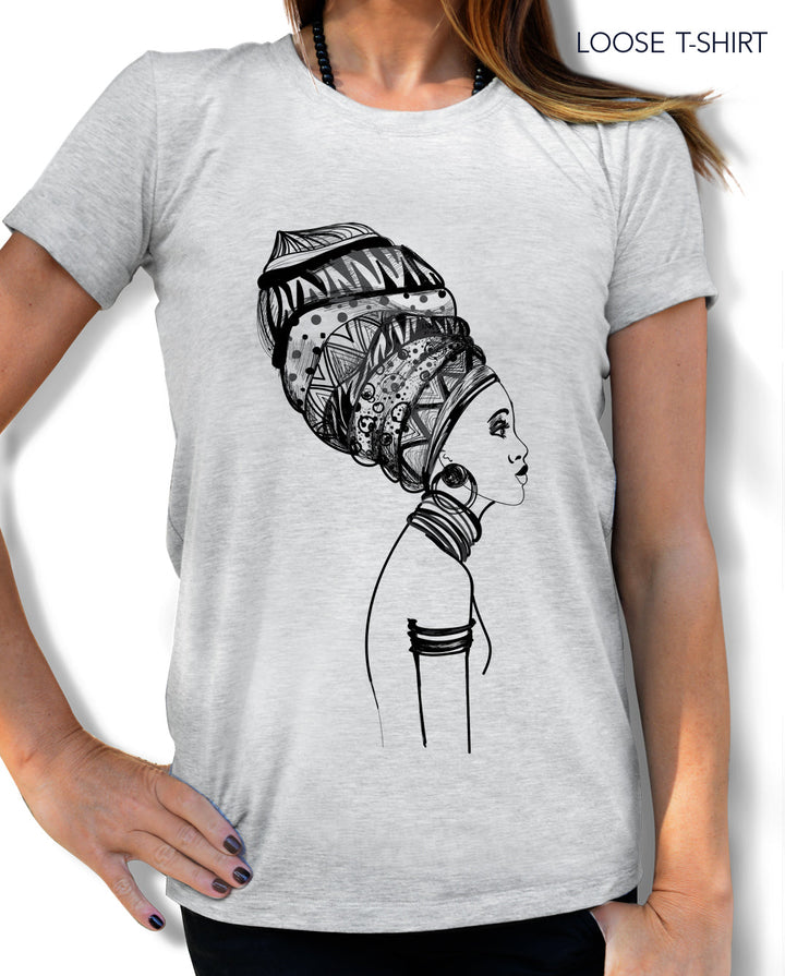 African Woman with Turban Cotton Print T-shirt, T-shirts