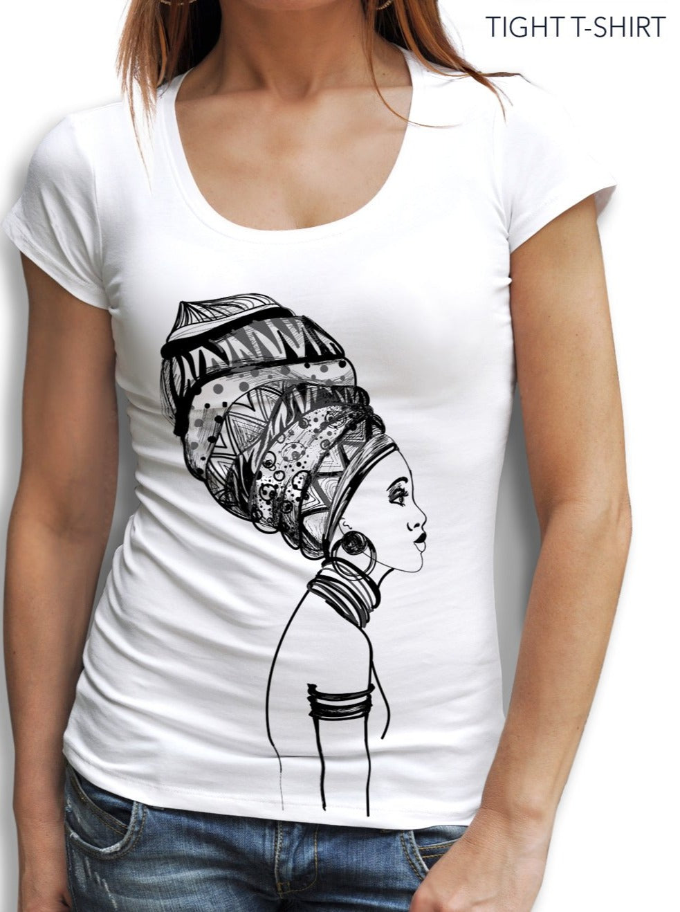 African Woman with Turban Cotton Print T-shirt, T-shirts