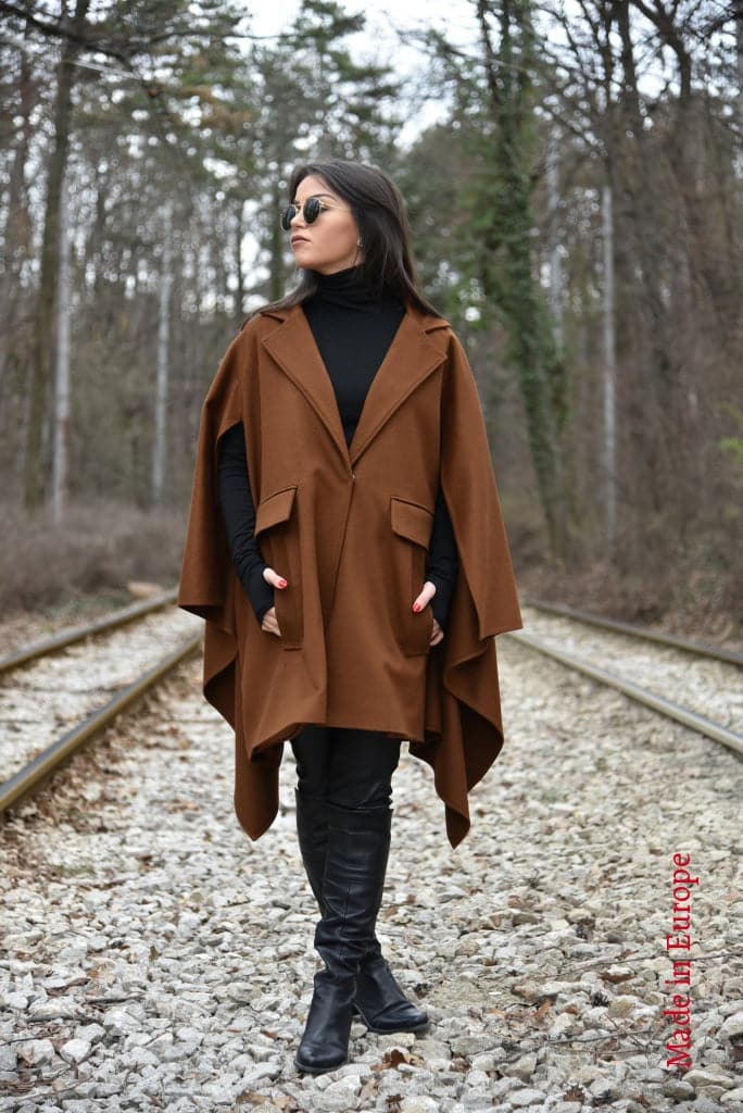 Asymmetrical Brown Wool Cape Coat F2034 Coat
