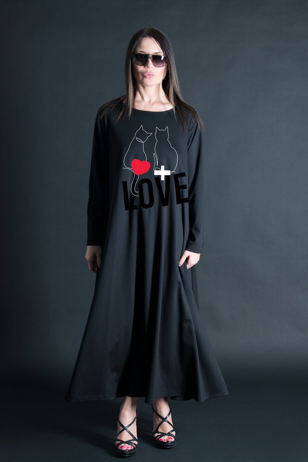 A Line Black Long Dress with Cats Print