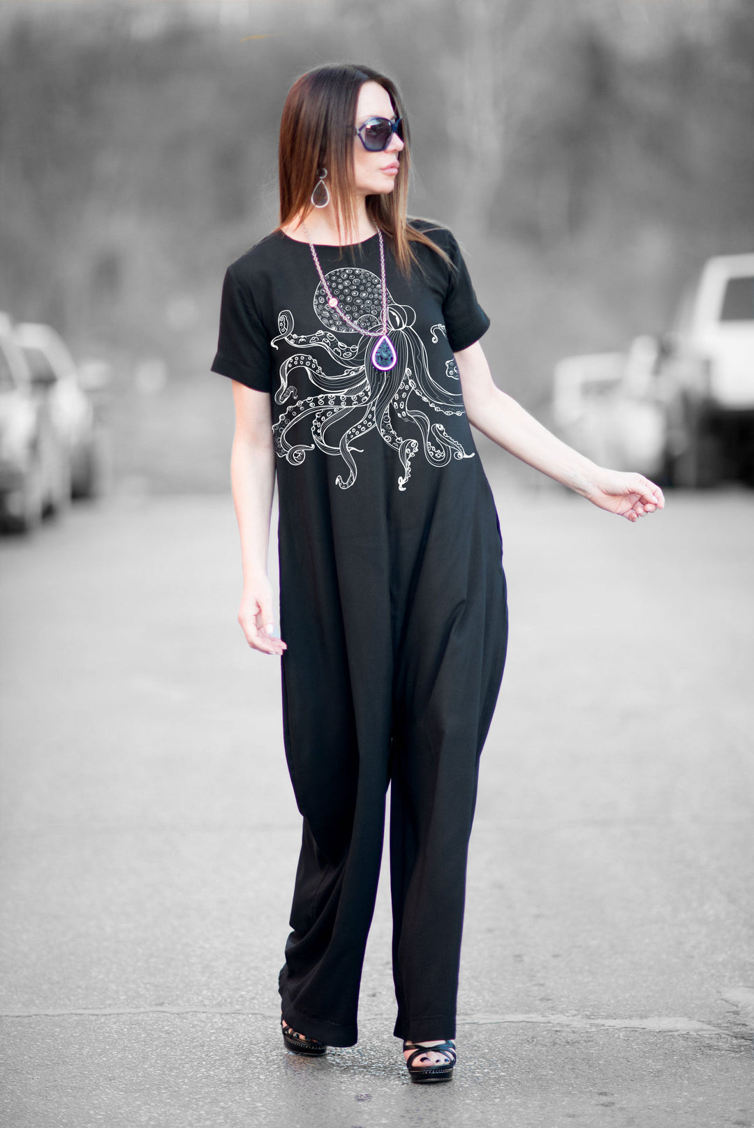 Black Wide Cotton Jumpsuit with Print