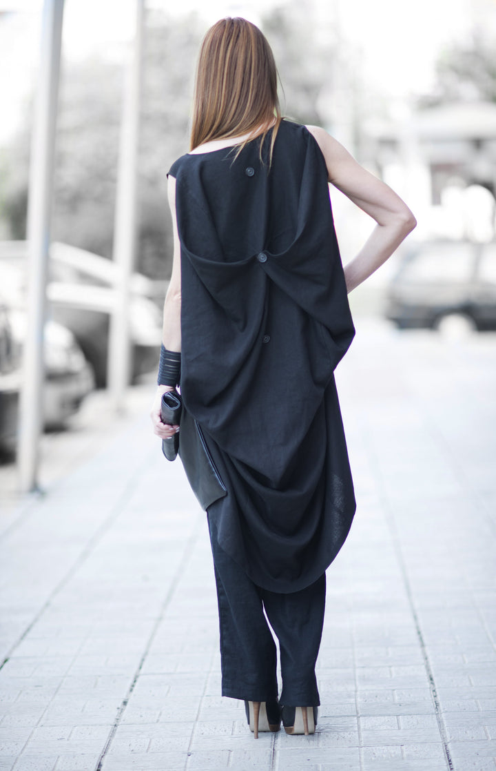 Black Linen Long Asymmetric Tunic