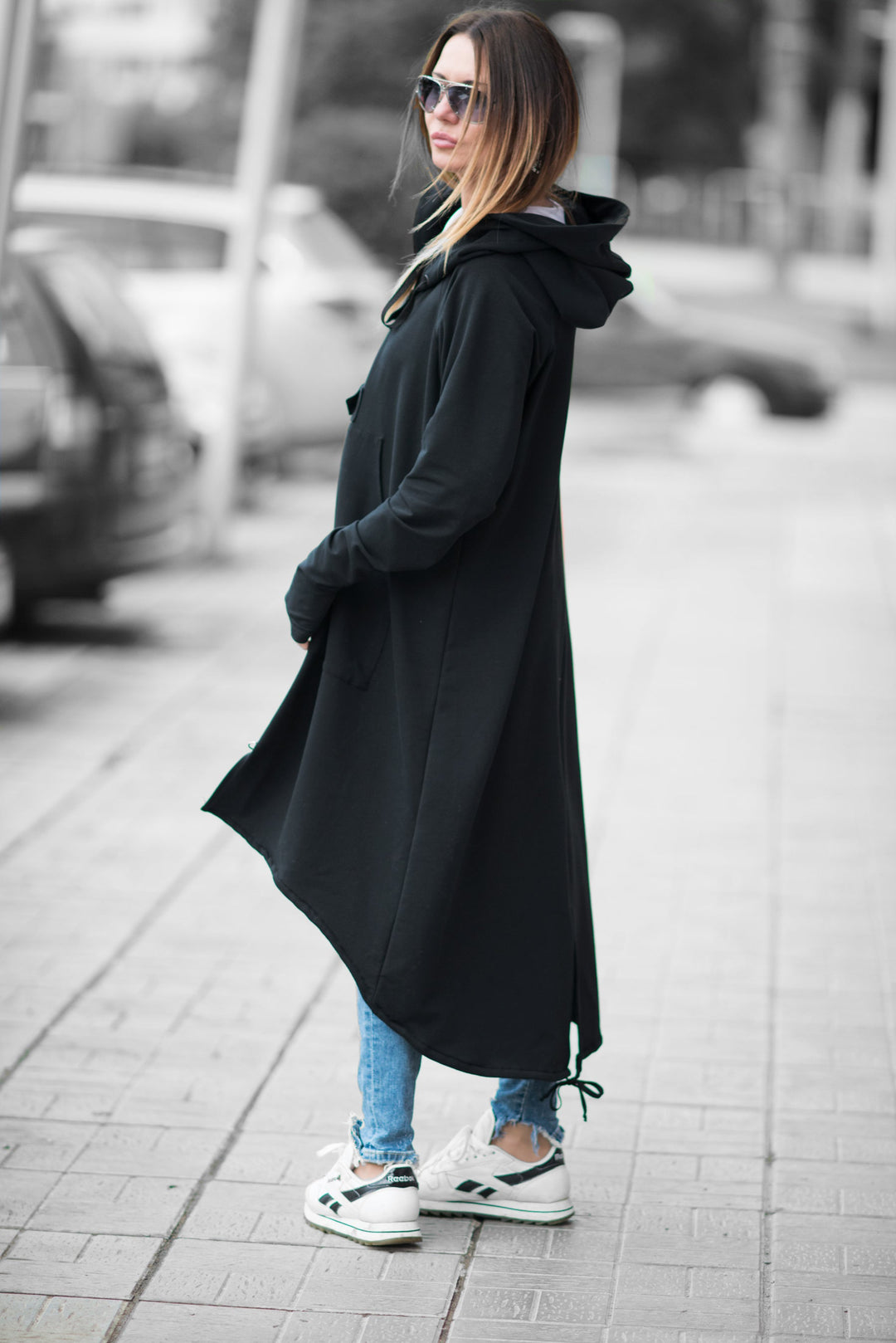 Black Long Hooded Sweatshirt