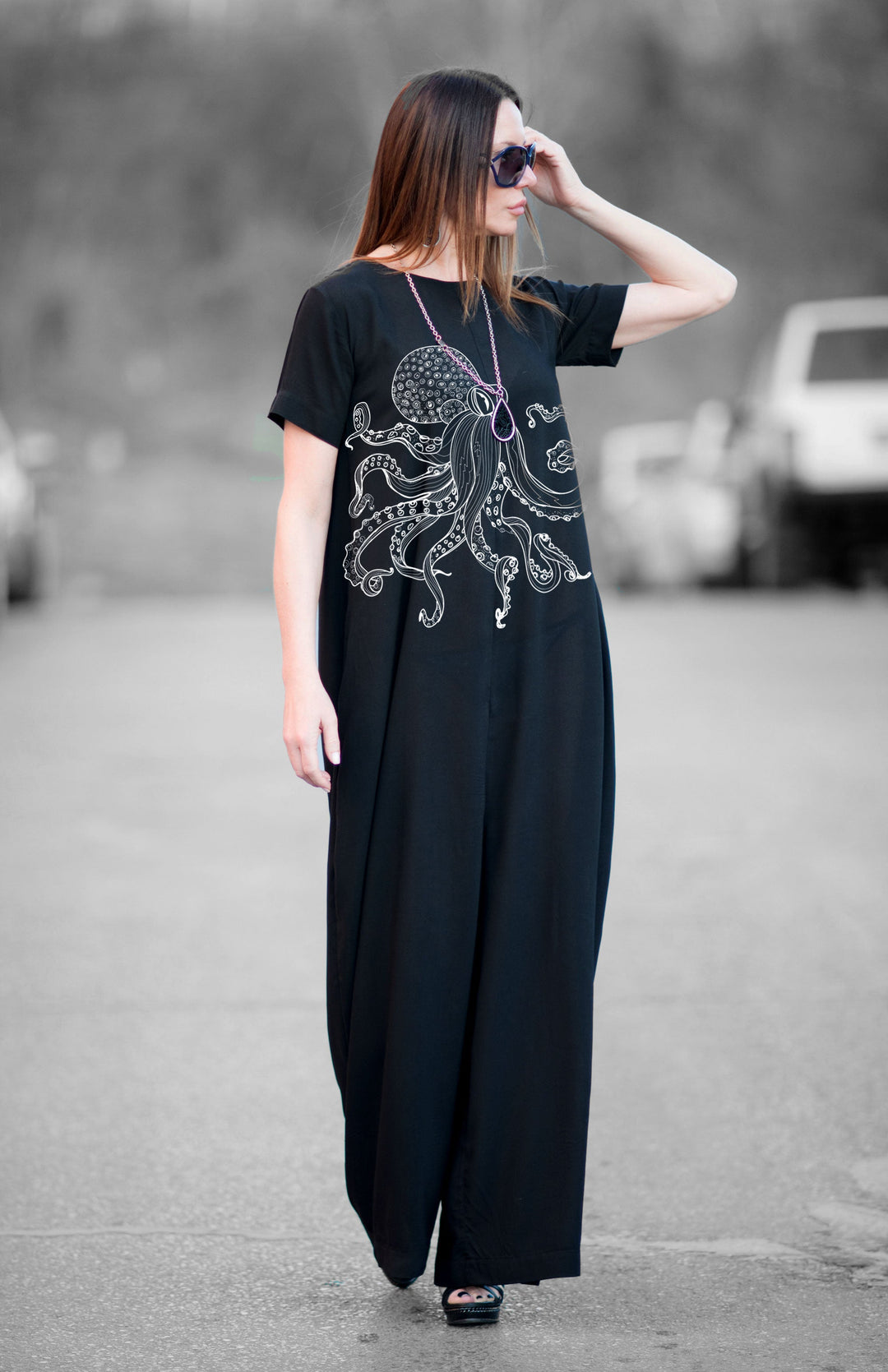 Black Wide Cotton Jumpsuit with Print