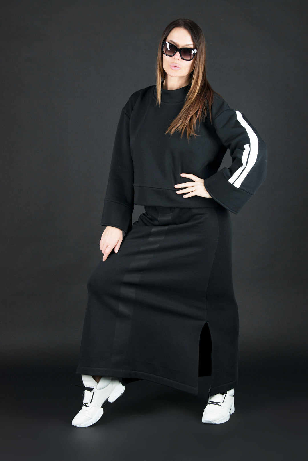 Two pieces set, Black Sport outfit with Skirt