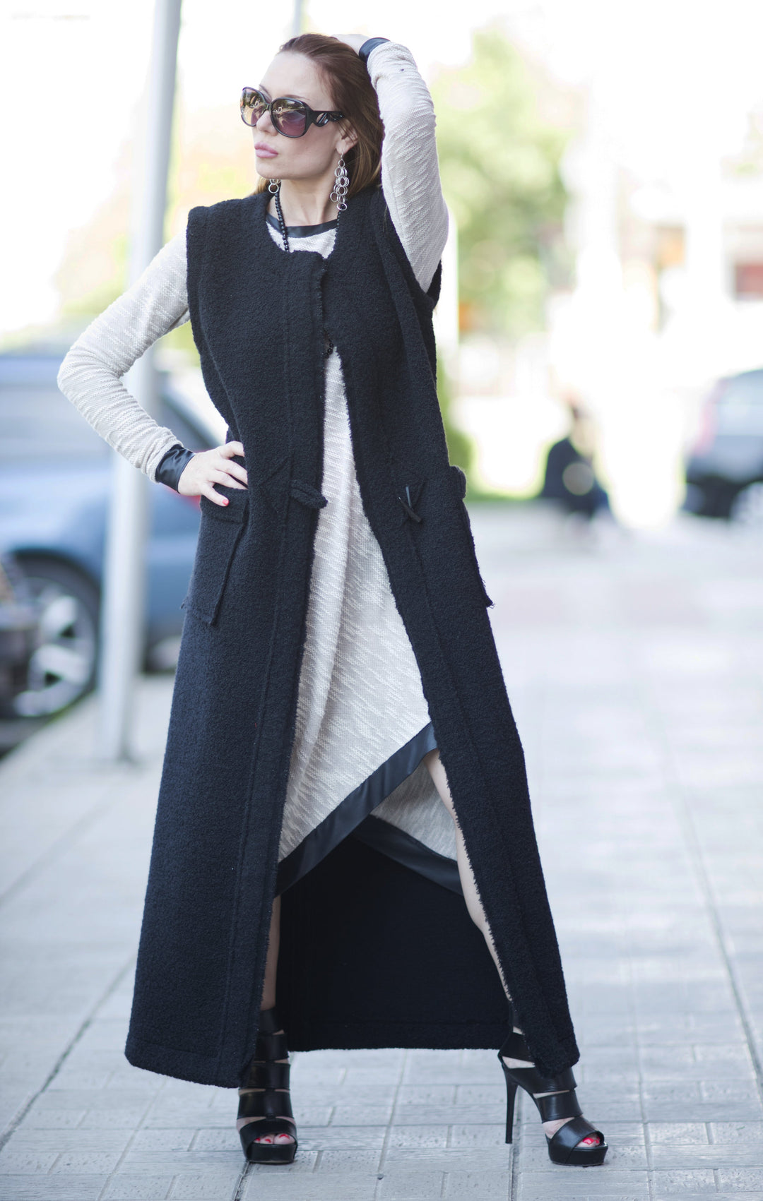 Black Wool Boucle Sleeveless Long Wool Vest