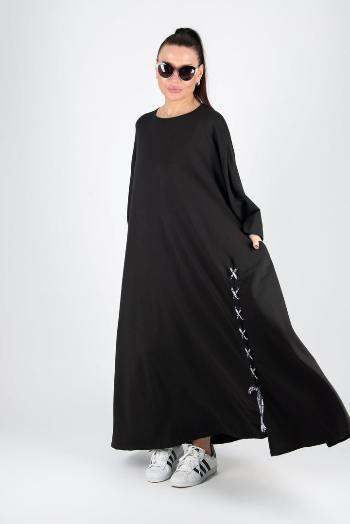 فستان القطن الأسود الطويل