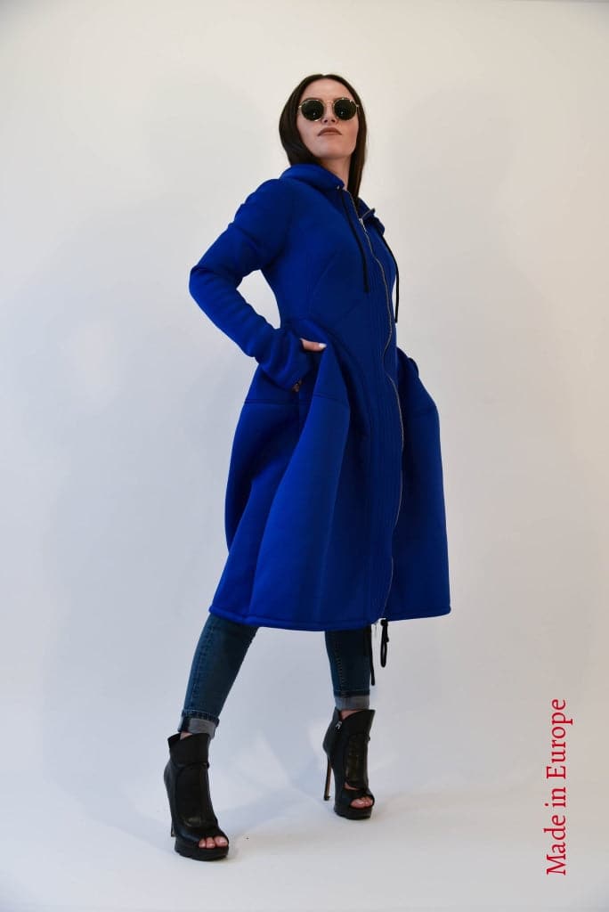 Blue Long Hooded Neoprene Coat F1992