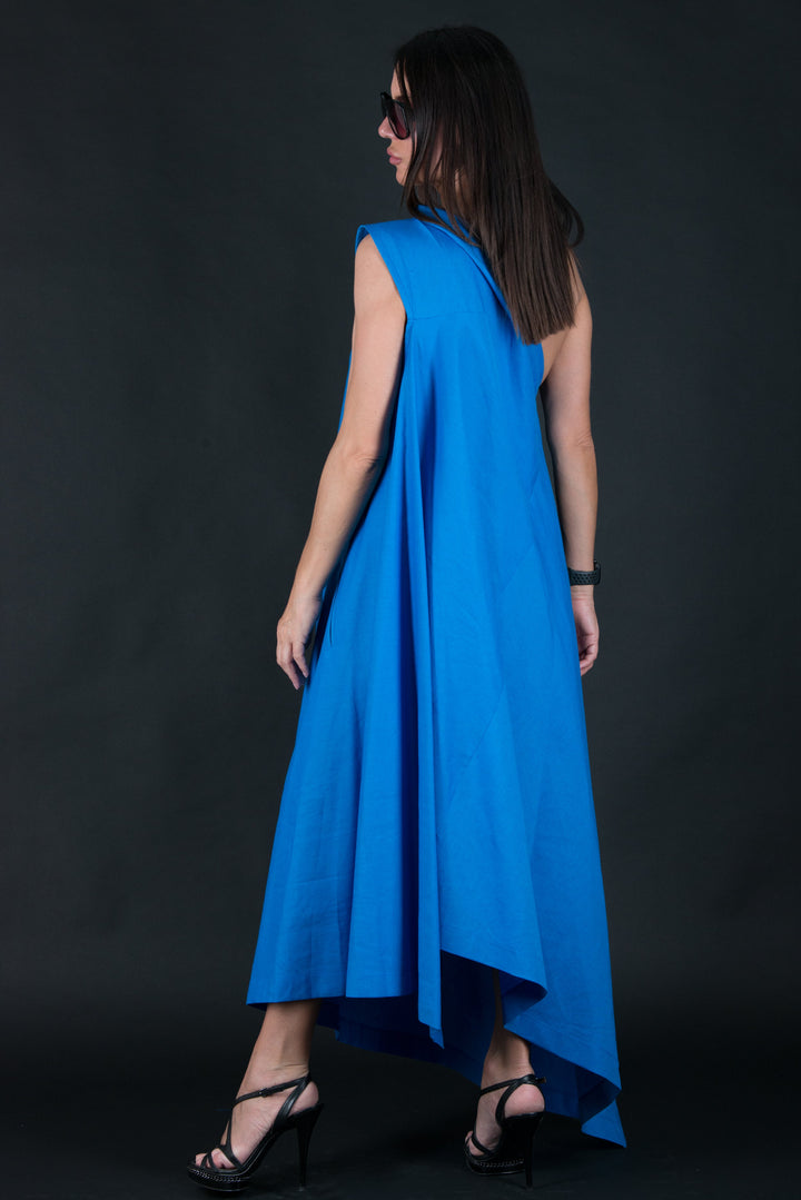 blue one shoulder linen long dress