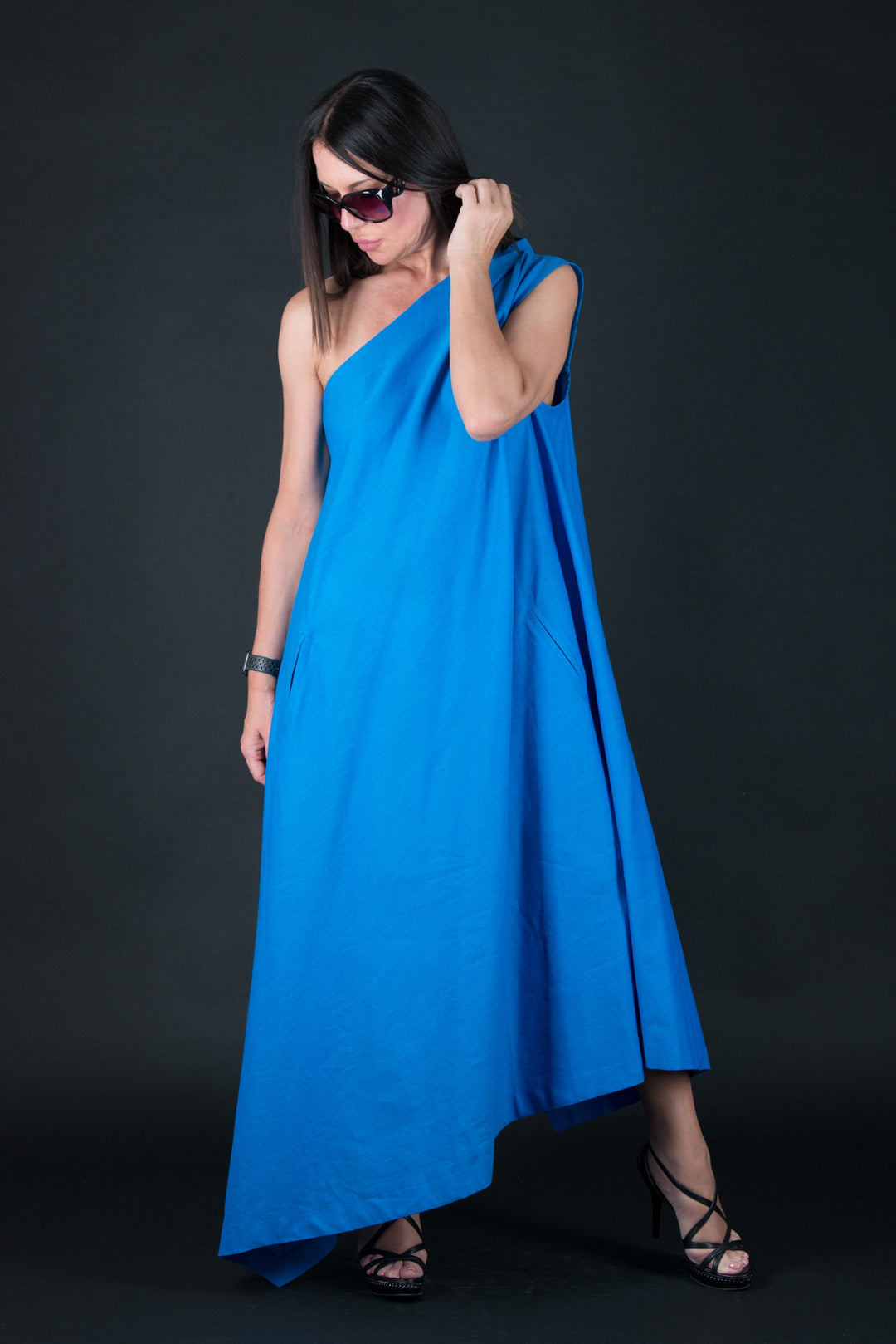 blue linen one shoulder dress