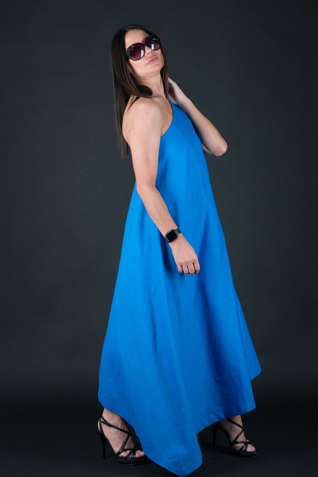 blue linen long dress