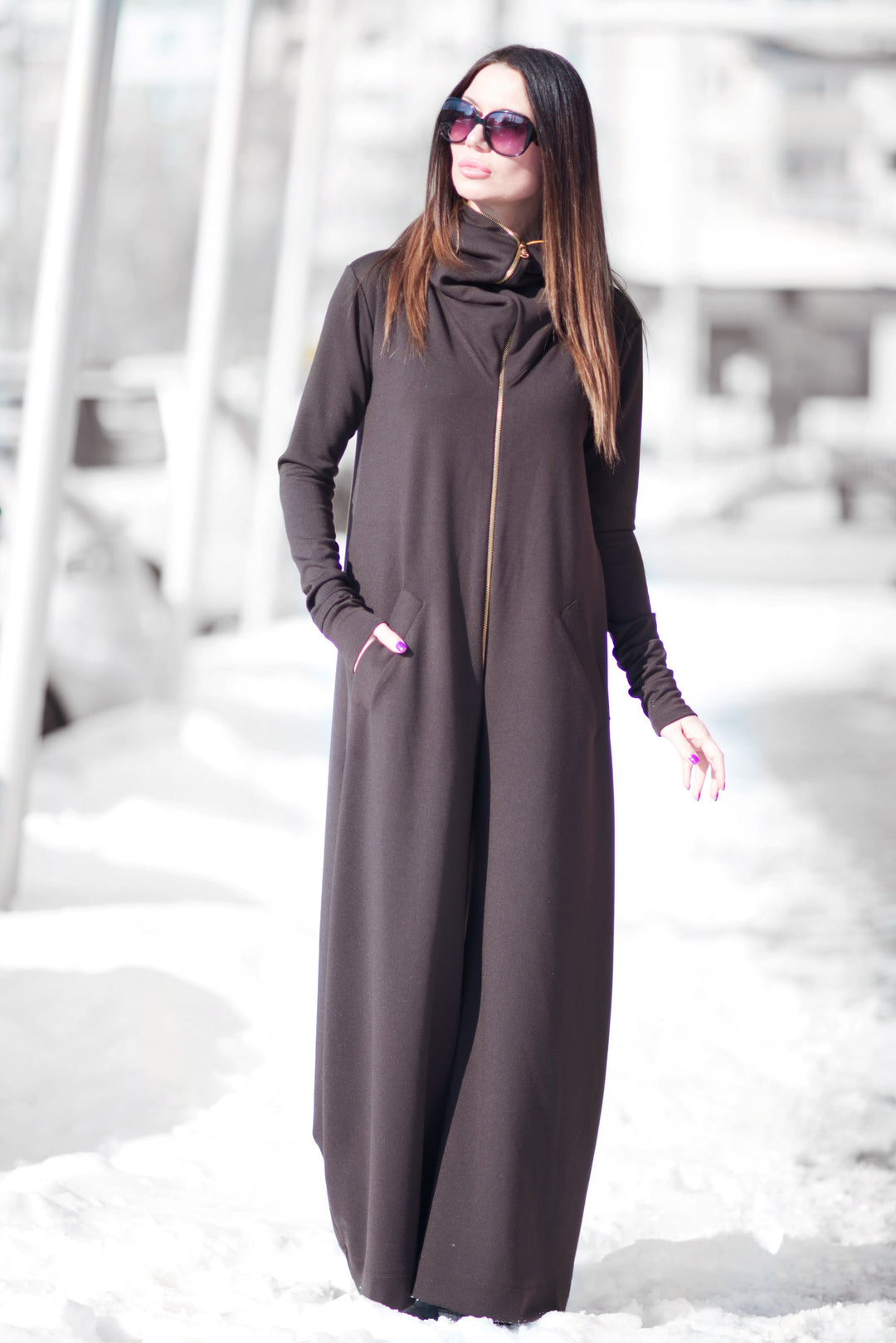 Brown Cotton Maxi Hooded Jumpsuit