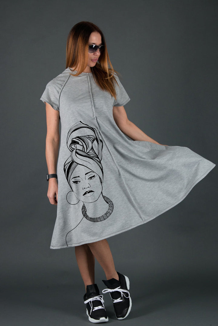 African Woman Grey Cotton Midi Dress