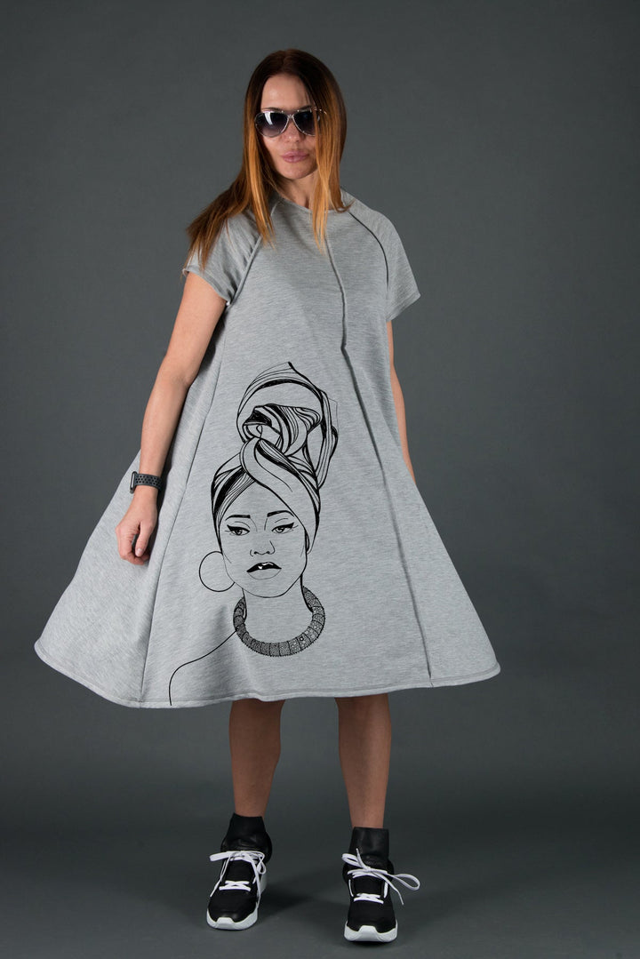 African Woman Grey Cotton Midi Dress