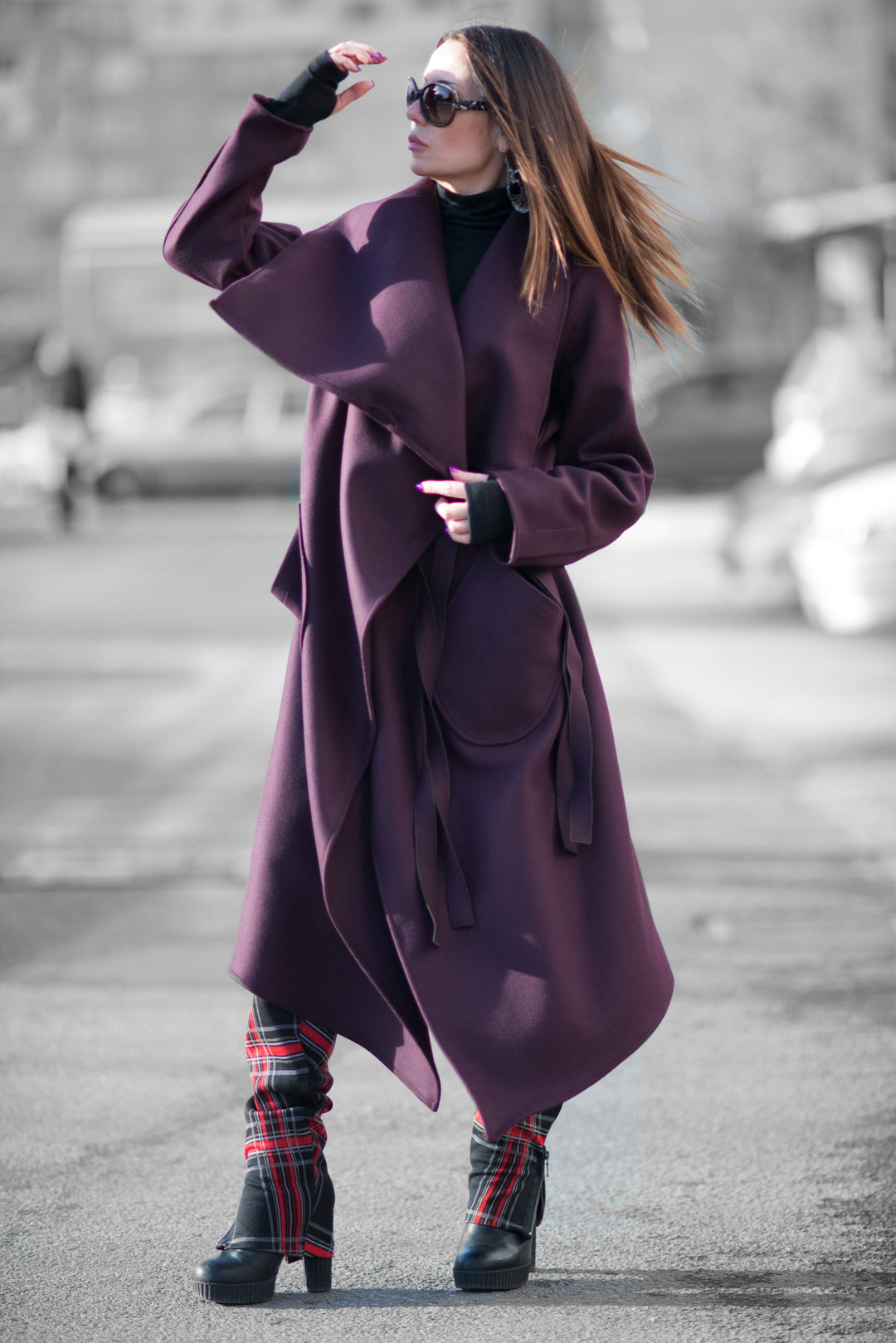 Autumn Women Purple Asymmetric Coat