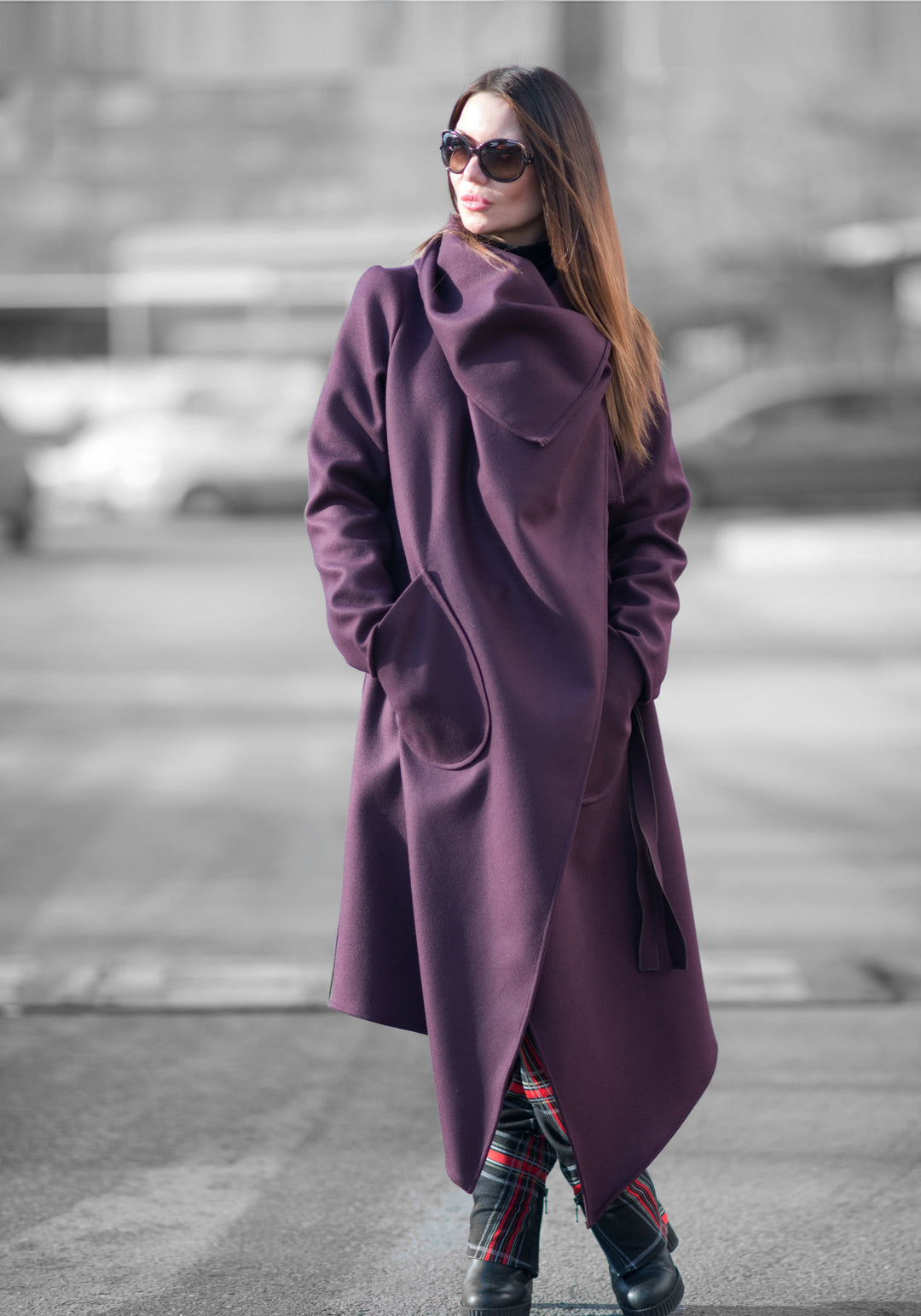 Autumn Women Purple Asymmetric Coat