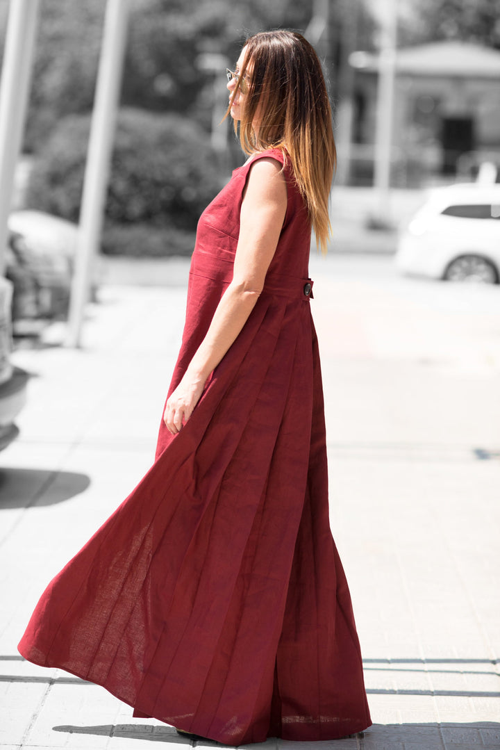 Dark Red Long Linen summer Dress