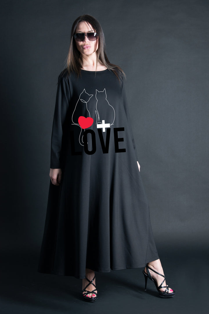 A Line Black Long Dress with Cats Print