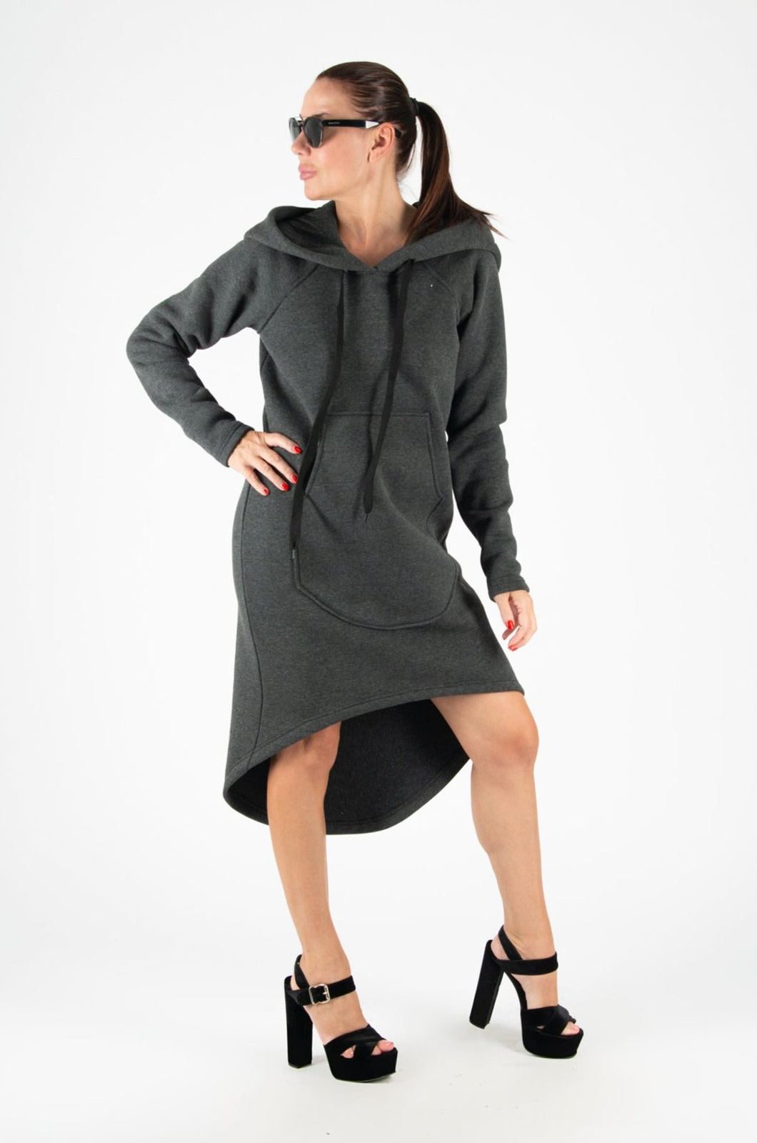 Asymmetric Dark Grey Hooded Dress