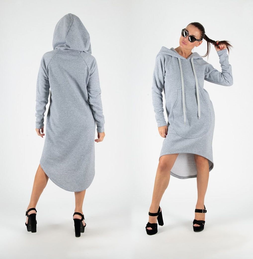 Asymmetric Dark Grey Hooded Dress