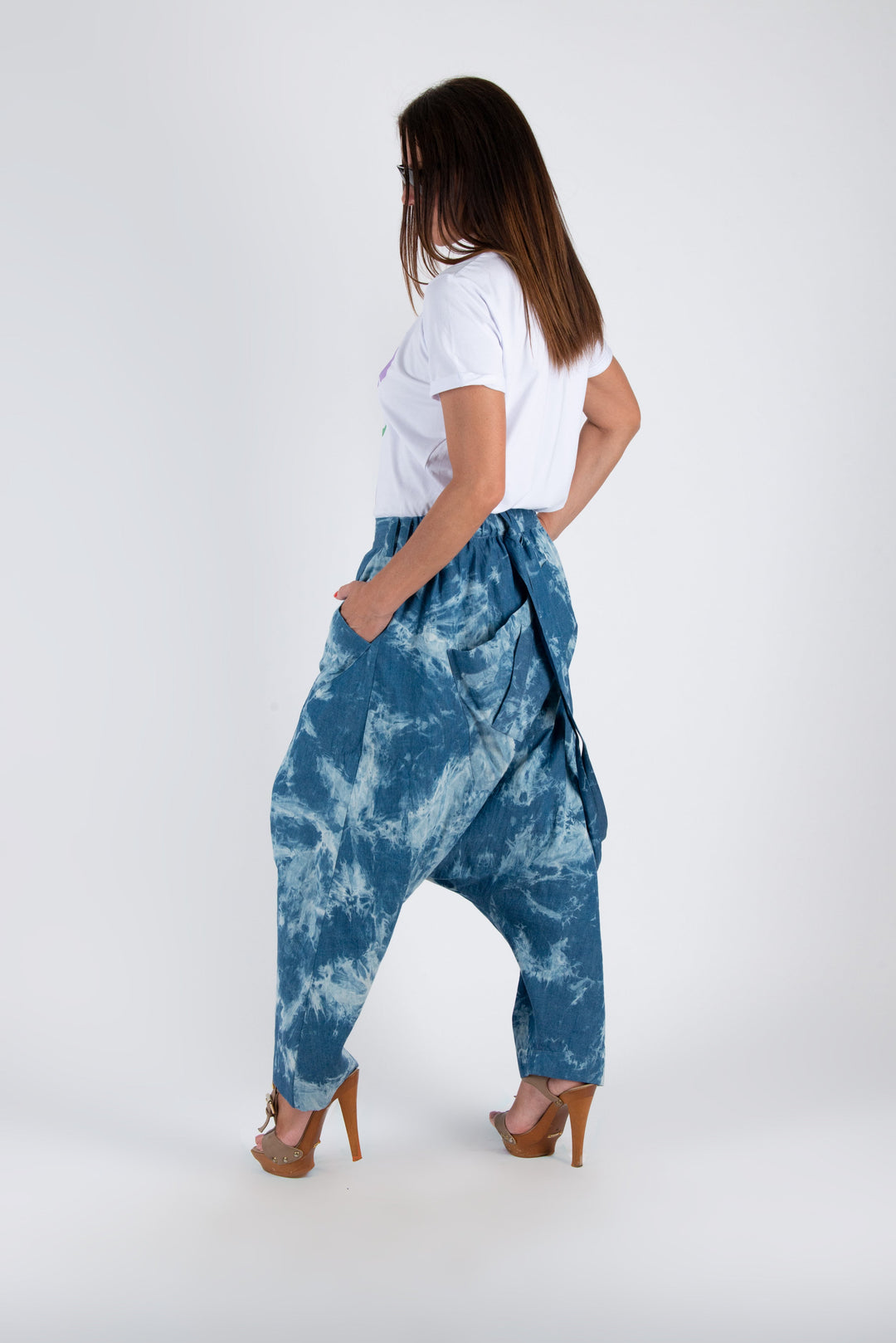 Blue Melange Jeans Drop Crotch Pants