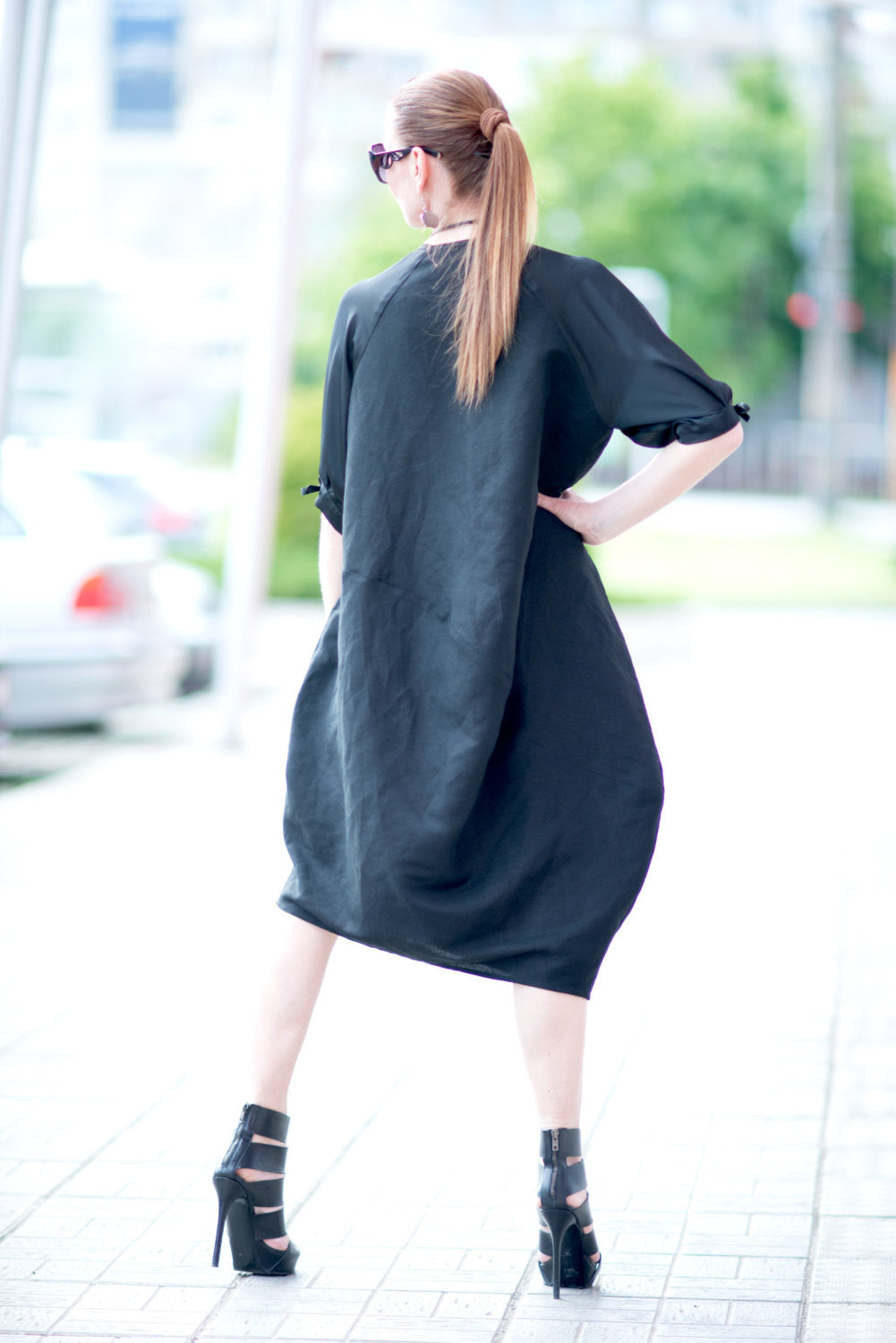 Black Linen Wide Maxi Dress With Satin Pocket