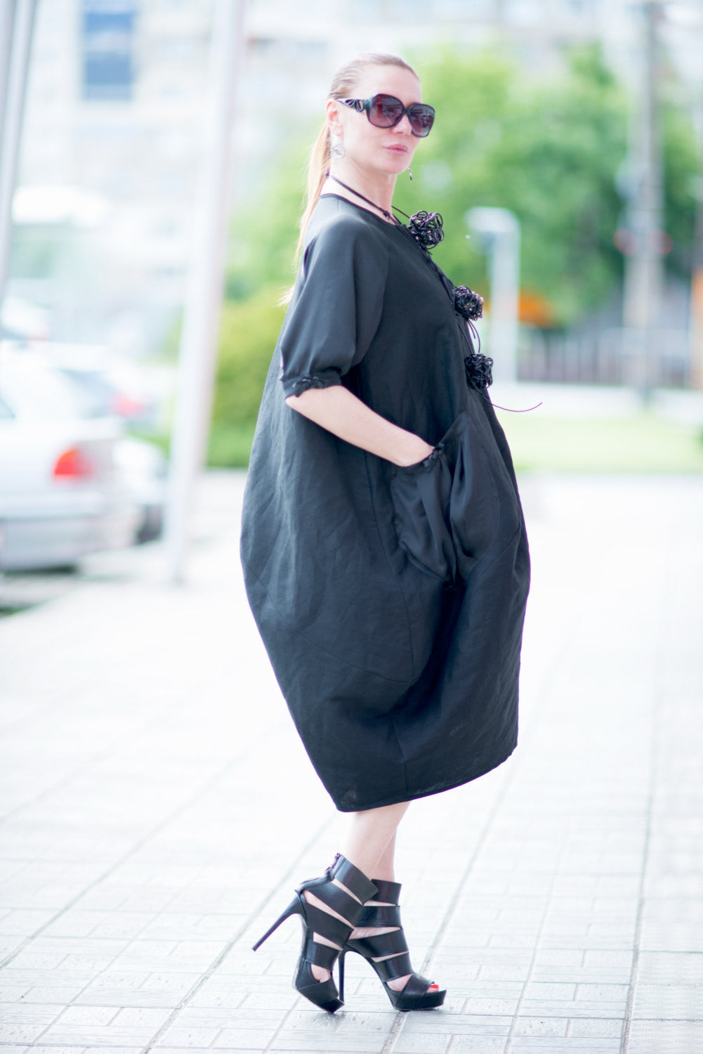 Black Linen Wide Maxi Dress With Satin Pocket