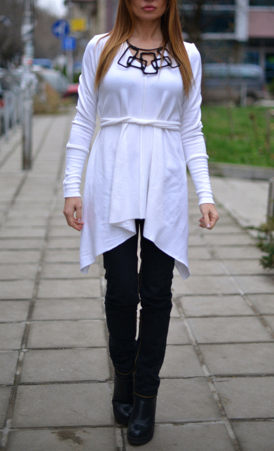 White Cotton Knitting Asymmetric White Tunic, Tops & Tunics