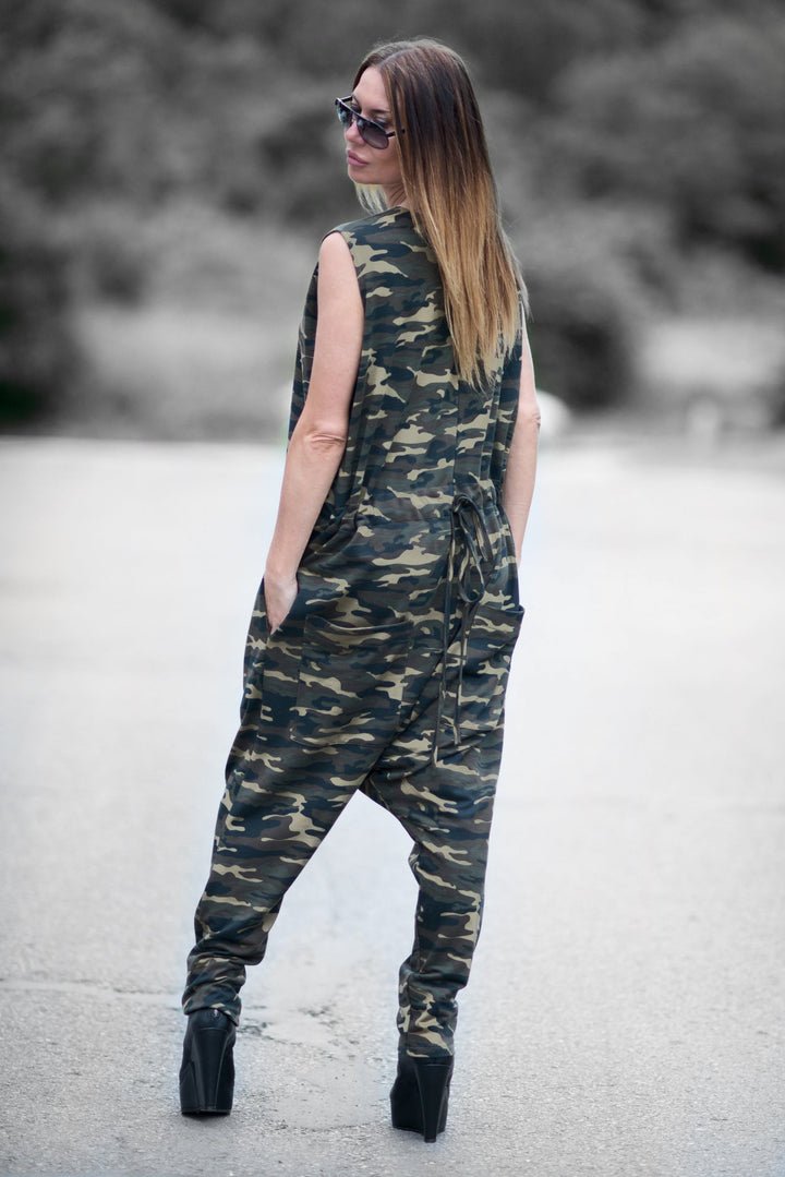 Camouflage Harem Jumpsuit, Drop Crotch Rompers