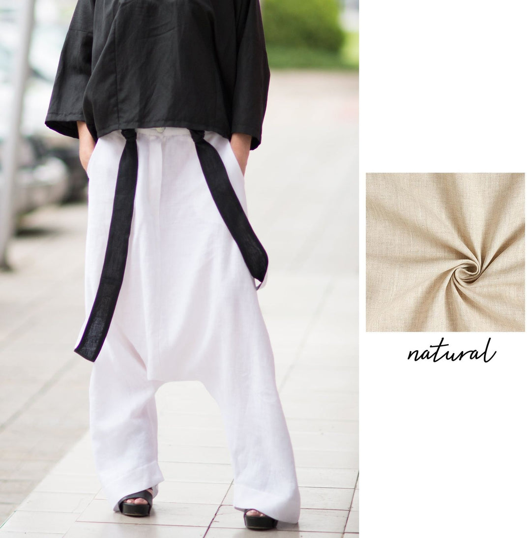 White Loose Linen Harem Pants with suspenders