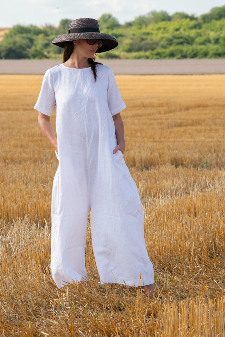 White Linen Wide Plus Size Jumpsuit
